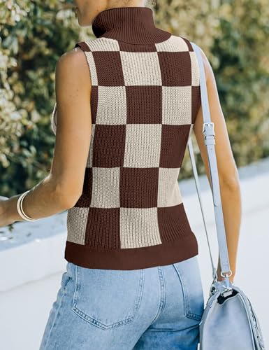 Image of Womens Sleeveless Sweater Vest Turtleneck Ribbed Knit Tank Tops Basic Slim Fit Top, X-Large, Plaid Coffee