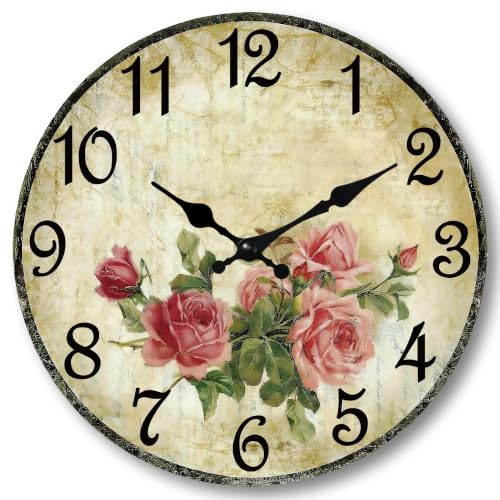 Image of CHYLIN Wall Clock Pink Rose Silent Battery Operated Kitchen Home Decor