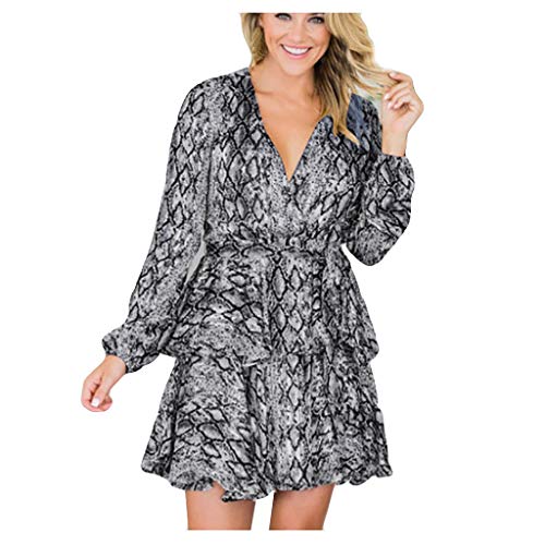 Preisvergleich Produktbild Oksea Damenkleider Damen Schlange Kurze Kleider Casual Blumendruck Rüschen Wickelkleid Langarm Swing Plissee Skater Minikleid