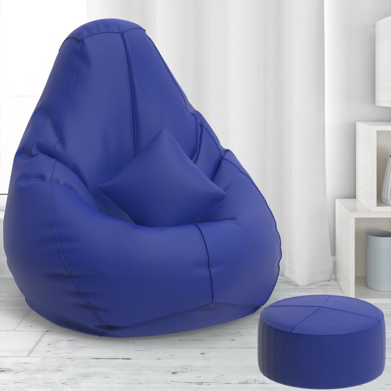 Image of Biggie Bean Bag with Beans Filled 6XL Bean Bag with Free Cushion Footrest - Official : BeanDreams Combo (Matching Color : Solids, Blue)
