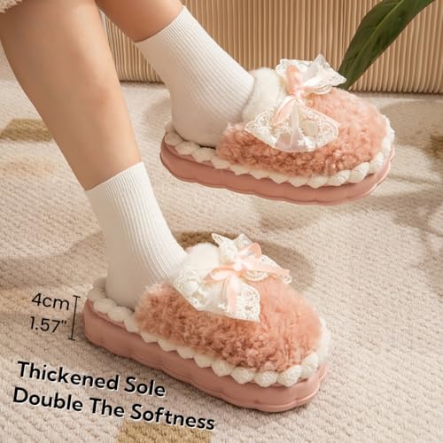Cute Bow Fuzzy Slippers for Women, Fluffy Cozy Warm Womens Slippers with Thick Sole (Pink, 7-7.5)4