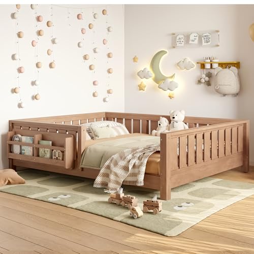 Image of Bellemave Full Floor Bed with Slats and Rails, Full Size Montessori Floor Bed with Bookcase and Fence, Easy Assemble Montessori Beds for Girls, Boys, Natural Floor Beds