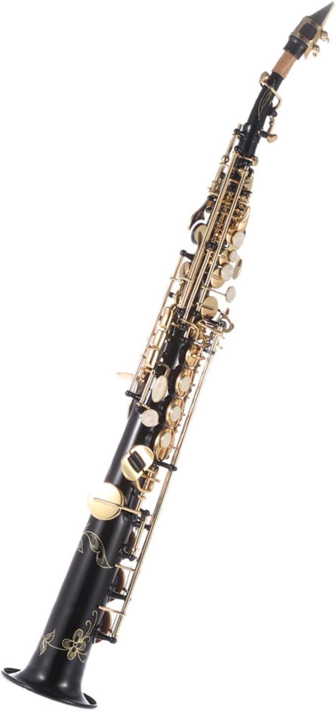 Saxofón soprano recto en Si bemol, instrumento de viento-madera de latón con estuche y accesorios.