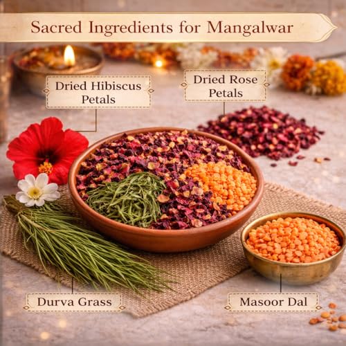 Image of Ritualistic Mangalwar Hanumanji Pavitra Hawan Samagri (350g) | with Hibiscus Petals, Rose Petals, Durva Grass & Masoor Dal | Tuesday Puja Pack | Natural Samagri for Hanuman Puja & Mangal Dosh Nivaran