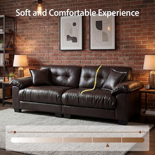 Image of Faux Leather Sofa, Mid Century Modern Leather Upholstered Deep Loveseats, Comfy Cloud Couch, Tufted Pillow Top Arm Furniture for Living Room, Apartment, Chocolate