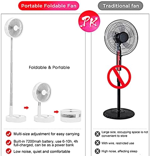 LBSTP Portable Standing Fan with Remote Control, 7.5 Inch Foldable Pedestal Fans, 7200mAh Rechargeable Battery USB Powered Floor Fan, Height Adjustable, 4 Speeds, Quiet Camping Desk for Bedroom