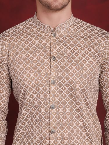 Image of Jompers Men's Silk Blend Regular Fit Sequin Chikankari Front Open Kurtas
