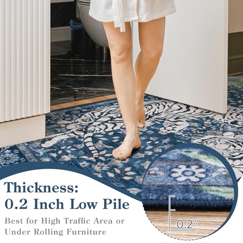 Moynesa Tiger Washable Area Rugs for Living Room, 5x7 Vintage Soft Rug for Bedroom, Non Slip Boho Botanical Ultra Thin Large Stain Resistant Throw Rug for Dining Guest Room, Blue