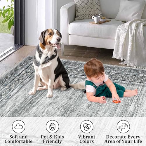 GlowSol Area Rug 9x12 Washable Rugs Gray Geometric Printed Rug Border Mat Foldable Solid Rugs Modern Rug Neutral Rug Large Print Rug Non Slip Carpet Living Room Rug Dining Room Office Farmhouse Rug