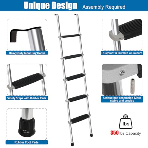 Image of 72 inch RV Bunk Ladder, 5 Wide Step Aluminum Camper Bunk Bed Ladder with Anti-Slip Rubber Foot Pads, Sliver
