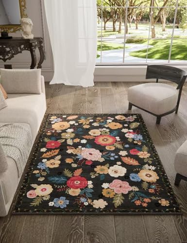 3x5 Boho Area Rugs for Bedroom: Washable Rug Stain Resistant Floral Rug Non Slip Low Pile Soft Small Carpet for Entryway Living Room Bedside Kitchen Office Dorm Entrance