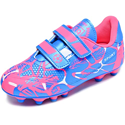 Botas Futbol Cesped Artificial Zapatos Multitacos Niño Fútbol Niños sin Cordones Antideslizante y Resistente al Desgaste Rosa Azul 36