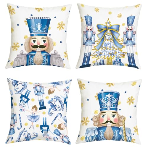 Joymaison Fundas Cojines 45x45 Juego de 4 Modernas Funda de Almohada Feliz Navidad Azul Cascanueces Cojines Fundas Copos de Nieve Árbol de Navidad Cojine Decorativas para Sofá Salón Silla