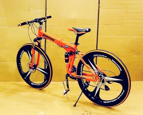 Image of Amaze Kai Dual Suspension Bikes Bm Foldable Gear Cycle for Men with 21 Speed Gear 6 Spoke | Folding Mountain Bike with Double Disc Break & Mac Wheel, 26 Inch, White N Black (Orange- B)