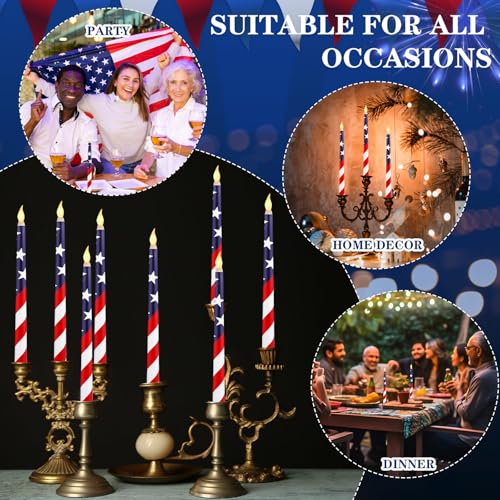 Image of Aurelema 8 Pcs Patriotic Candles Flameless Taper Candles with Remote & Timer 4th of July American Flag Flameless Candlesticks Flickering Real 3D Real Candle for Independence Day Decor (Classic)