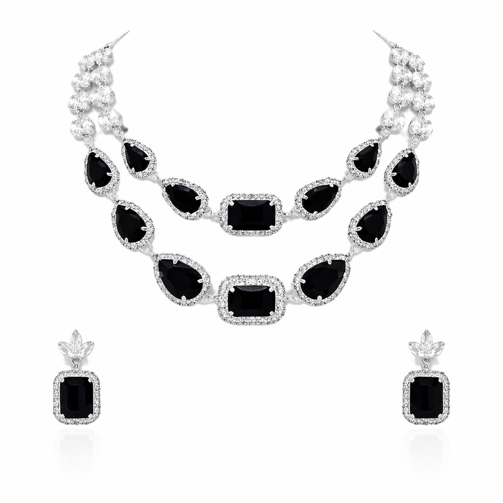 Classic Black Stone Layered Necklace and Earrings Set | Premium Statement Jewellery Set for Party & Festive Occasions-image-10