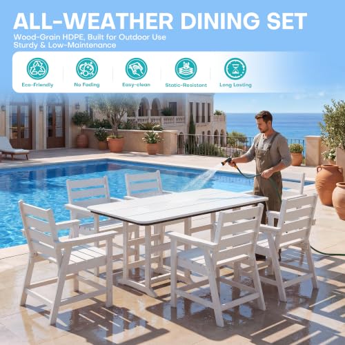 Image of 7-Piece Dining Set, HDPE Table & 6 Chairs, White | HDPE Dining Set: 69.1 inch Table + 6 Chairs, 380 lbs, 304 Stainless, All-Weather, No Rust No Crack, Outdoor Patio Garden