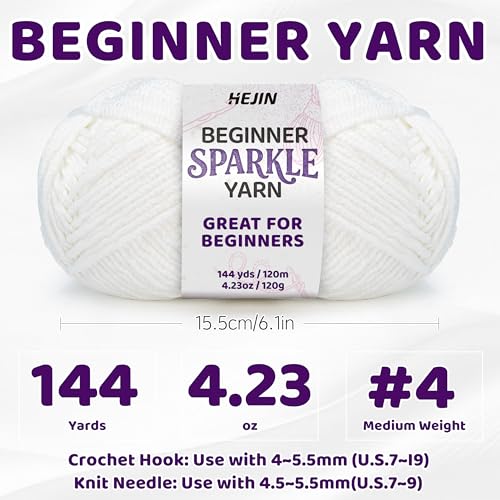 Image of 120g Shimmer White Yarn for Crocheting and Knitting; 120m(144yds) for Beginners with Easy-to-See Stitches; Worsted-Weight Medium #4; Yarn for Beginners Crochet Kit Making