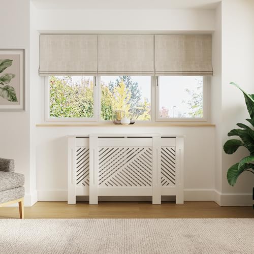 GFW Kobe Adjustable Radiator Cover White Extendable Radiator Cabinet with Diagonal Slatted Design