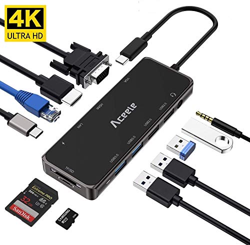 Aceele HUB USB 11-in-1 Hub Tipo C con 4k HDMI e 1080P VGA, 4 Porte USB, RJ45 gigabit Ethernet, Mic, USB C PD, Lettori di schede SD e TF per MacBook PRO Surface Samsung Huawei P20 Webcam Logitech