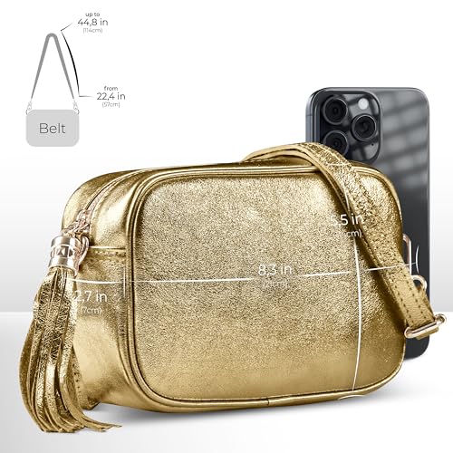 Image of Italian Genuine Metallic Suede Crossbody Bag for Women with Zipper | Small Leather Camera Purse Shoulder Handbag Pocketbook
