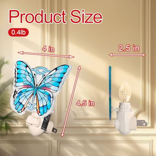 Image of Butterfly Night Light - Stained Glass Styled Plug-in Wall Light for Vertical Outlets - Real Glass, Warm Glow for Bedroom, Bathroom, Hallway - Gift for Butterfly Lovers