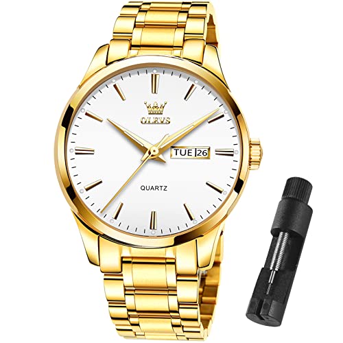 Image of OLEVS Mens Gold Watches Waterproof Stainless Steel Lightweight Watch with Date Classic Luxury Dress Watch for Men Gold White Blue Green Dial