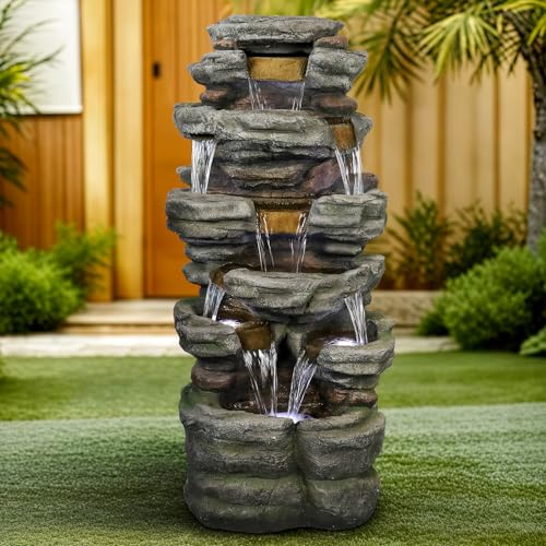 Image of SunJet 47.2 inch High Cascading Rock Outdoor Water Fountain with LED Lights - Large Outdoor Resin Fountains and Waterfalls for Garden or Patio, Yard, and Deck Decor, Featuring Natural Stone Look