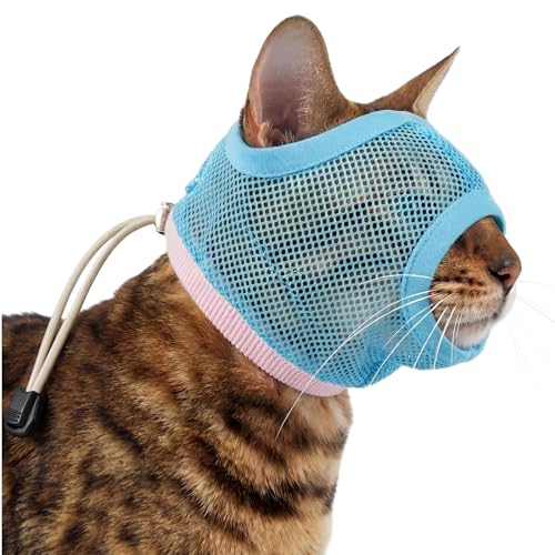 PUMYPOREITY 2 Pack Cat Calming Muzzle Soft Breathable Mesh Cat Head Cover with Adjustable Strap Calming & Anti-Bite Design for Grooming Nail Trimming Bathing and Vet Visits Small Blue
