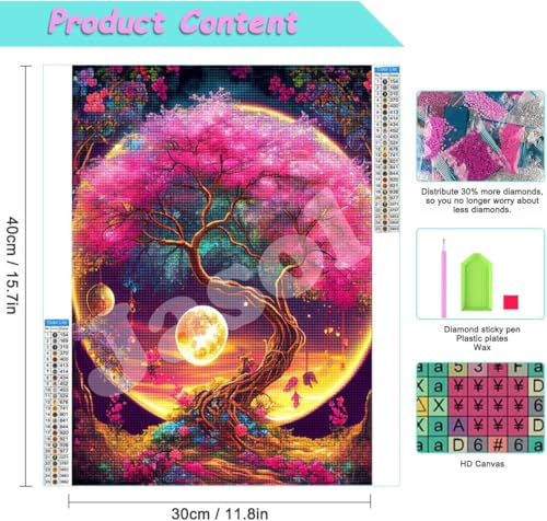 Image of Jasol Diamond Painting Kit, 40x30 Cms, Full Drill, 5D Crystals, Home Wall Decor Gift Set (Moon Tree M45619)