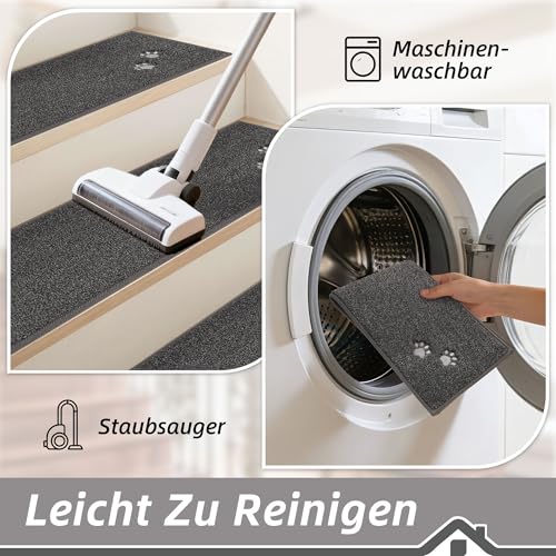 BEQHAUSE Stufenmatten Innen rutschfest 4 Stück, Maschinenwaschbare Treppenteppich Selbstklebend Stufenteppich für Kinder, Älteste und Haustiere, 100% Polyester TPE -Rücken, 22X70cm, Dunkelgrau