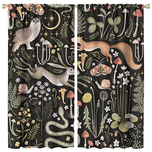 Farmhouse Forest Curtains, Fairy Tale Woodland Wild Animals Moths Owl Snake Window Drapes, Cartoon Flowers Mushroom Moon Star Print Blackout Window Treatments for Living Room Kids Bedroom 42x45 Inch