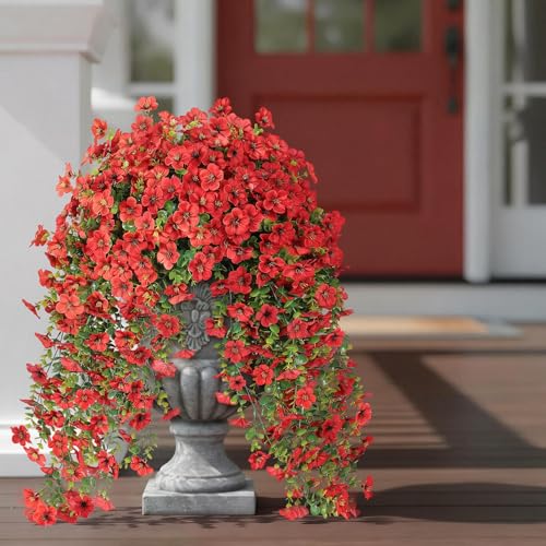 Image of VIERENA 8 Bundles 29.5 inch Artificial Hanging Silk Flowers for Front Door(Red) | Realistic Fake Morning Glory Flowers with Faux Eucalyptus, for Eave Porch Yard Garden Patio Balcony Home Outdoor Decoration