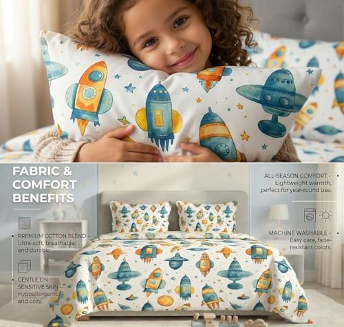 Image of RD FABS Glace Cotton Wrinkle Free Soft Hypoallergenic Elastic Fitted Cartoon Printed Bedsheets for Kids with 2 Pillow(Size,78 x 72 Inches(Fits up to 8 Inch),White Rocket),Double Bed,300 TC