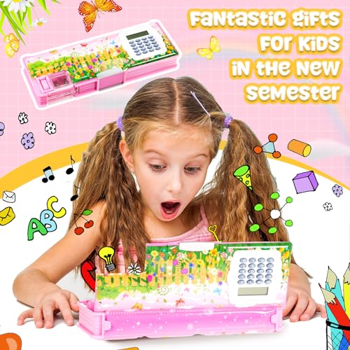 Image of Henoyso Multifunctional Pencil Box for Girls, Flower Pencil Case with Calculator and Sharpener, 2026 Back to School Supplies Organizer for Kids Teens Students, Elementary Classroom Gift