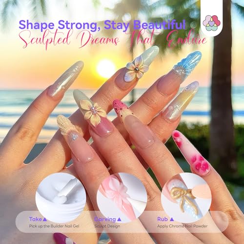 Image of SAVILAND White Solid Builder Nail Gel Kit: Non-Sticky 60 g Sculpture Gel for Nail Art with Chrome Powder Sequins Sculpture Pen Non-Wipe Extensions 3D Nails Art Designs DIY Home