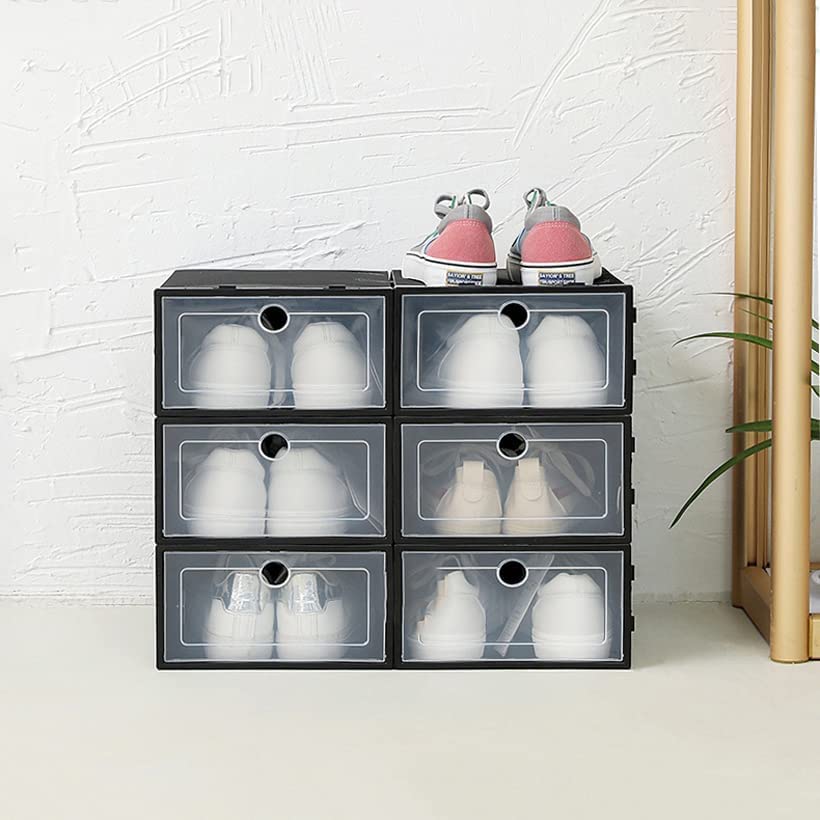 PULASSI Shoe Storage Boxes, Plastic Stackable Shoebox, Shoe Organizer Containers with Lids, Drawer Type Front Opening Shoe Holder Containers (Black, 6pcs)