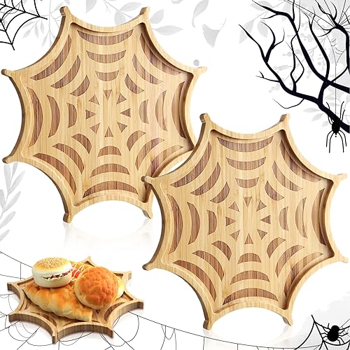 Sintuff 2 Pcs Halloween Charcuterie Board Funny Bamboo Wood Cheese Platter Tray Dinnerware Cookware Serving Tray Plates for Candy Cookie Home Party (Web, 12 x 12 x 0.8 Inch)