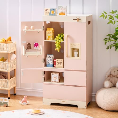 ROBUD Wooden Play Fridge, Kitchen Toy Fridge Freezer Set with Ice Maker, Play Kitchen Refrigerator, Kitchen Playset Gift for Kids & Toddlers, Age 3+ (Pink)
