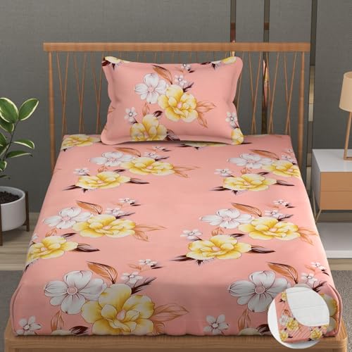 Image of Premium Heavy Cotton Elastic Fitted Bedsheets with 1 King Size Pillow Covers | Single Bed with All Around Elastic 350 TC | 36 x 78 x 6 Inch Single Size Fitted | :- Baby Pink Flower