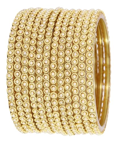 Image of NMII Glass Golden Beads & Pearls Moti Work Designer Bangles Set For Women & Girls | Kanch ki Chudi Set | Girl's Bangles Bracelet | Glass Bangles | Daily, Wedding, Party, Fashion Jewellery- Set of 12