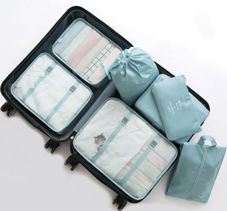 Image of 7 Pcs Foldable Luggage and Laundry Bag Pouch Waterproof Travel Toiletry Organizer Garment Storage Bag Portable Packing Cubes Storage Bag (SKY BLUE)