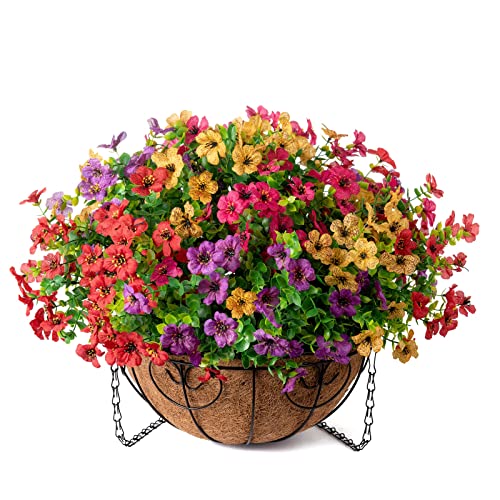 Artificial Flowers With Hanging Basket Planter For Home Decoration, Daisy With Eucalyptus Leaves Outdoor Indoor Garden Yard, Metal Coconut Lining Basket With Faux Plant, Mix Color #TOP6
