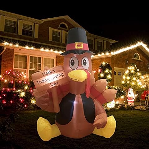 MorTime 6 FT Thanksgiving Inflatable Turkey, Blow up Lighted Turkey Decor with LED Lights for Fall Autumn Yard Party Shopping Mall Harvest Day Thanksgiving Decorations Cover