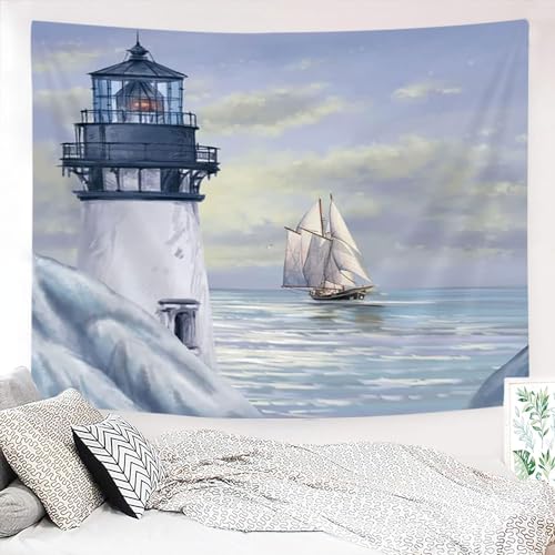 Jipusai Blue Ocean Lighthouse Tapestry For Bedroom Livingroom Decor, Lighthouse And Sailboat Wall Hanging Tapestry,Retro Nautical Wall Decor Poster Blanket Decor Accessories 60X40 In cover
