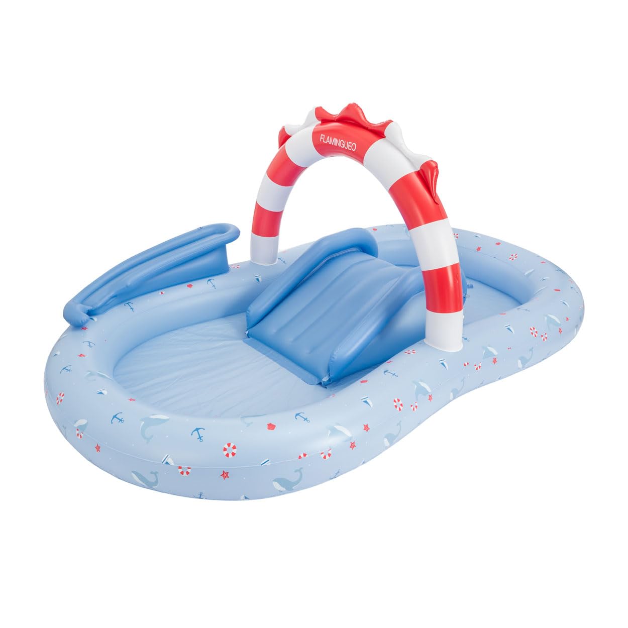 Flamingueo Piscina Infantil Doble - con Aspersor - para Playa y Jardín - PVC Resistente - 6 Pelotas Incluidas - 245 x 140 x 100 cm - Azul