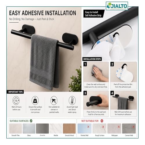 Image of JIALTO 16 Inch Self Adhesive Stainless Steel Towel Bar /Towel Hanger for Bathroom /Wall Mounted Bathroom Towel Holder /Towel Rack for Bathroom /Hand Towel Stand for Kitchen and Washroom (Black)