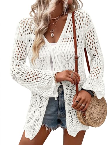 Women's Crochet Cardigan Light Weight Long Sleeve Tie Front Hollow Out Thin Cardigan3
