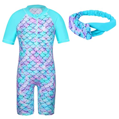 HUAANIUE Traje de baño para niñas, color rosa, traje de baño de una pieza largo, traje de baño para niños de 4 a 12 años, traje de sol negro con diadema, A003 Bañador corto Scalecyan, 3-4 años