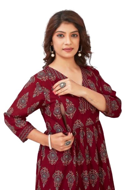Women Viscose Rayon Anarkali Maternity And Feeding Zip kurti pant Set